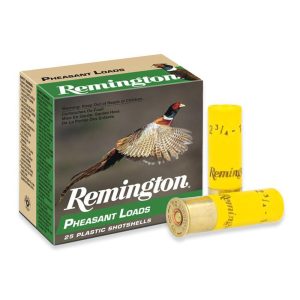 Remington pheasant loads box with detailed pheasant image, featuring 25 yellow plastic shotshells prominently displayed.