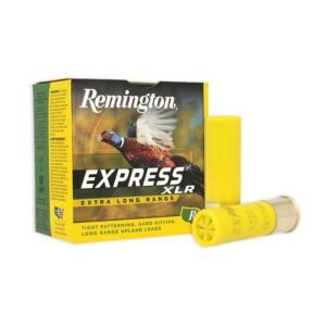 Box of remington express xlr extra long range yellow shotgun shells with a pheasant image on the packaging.