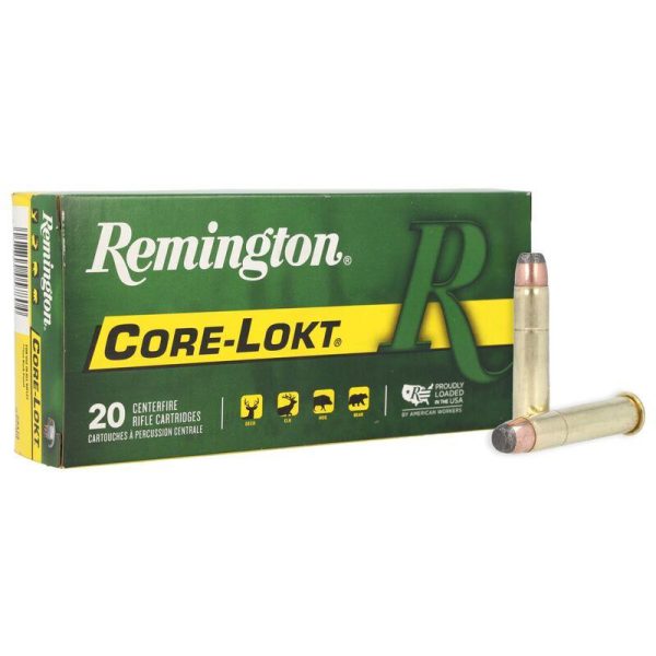 Box of remington core-lokt ammunition with green and yellow packaging, featuring two rifle cartridges in front.