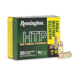 Remington htp ammo box with green and yellow design, featuring 20 jacketed hollow point cartridges for centerfire handguns.