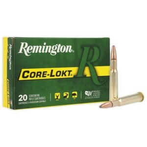 Remington core-lokt rifle ammunition box in green and yellow with two bullets placed in front.