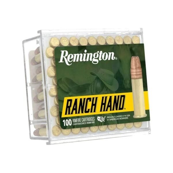 Box of remington ranch hand ammunition, 100 rimfire cartridges, with a green and yellow label featuring a cowboy hat graphic.