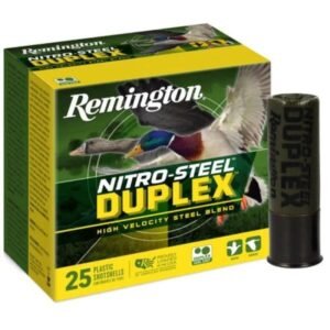 Remington nitro-steel duplex shotgun shell box with green and yellow design featuring flying ducks, labeled "high velocity steel blend," alongside a single shotshell.