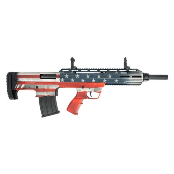 Patriotic-themed firearm featuring red, white, and blue colors with stars, resembling an american flag design.