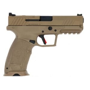 Tan matte finish handgun with a textured grip, visible red trigger safety, and slide markings indicating "sds knoxville, tn. "