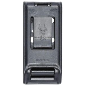 Black Safariland belt clip accessory with engraved logo and patent number, suitable for firearms or ammo gear, related to Casey, Iowa.