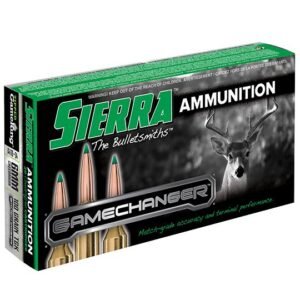 Sierra gamechanger ammunition box with green and white branding, featuring an image of a deer and copper-tipped bullets.