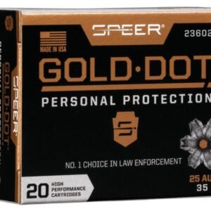 Box of speer gold dot personal protection ammo with a black, gold, and white design, labeled for 25 auto, 35 gr, holding 20 high-performance cartridges.