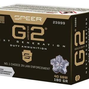 Alt text: speer gold dot g2 next generation duty ammunition box in black and gold, labeled for. 40 s&w 180 gr, containing 20 high performance cartridges, made in the usa.