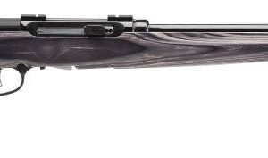 Alt text: black and gray bolt-action rifle with a laminated wood stock featuring dark swirled patterns, displayed against a white background.