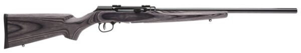 Alt text: black and gray bolt-action rifle with a laminated wood stock featuring dark swirled patterns, displayed against a white background.