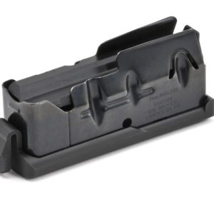 Black firearm magazine on white background.