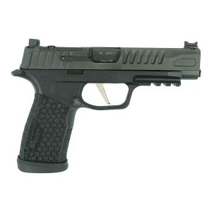 Black and gray handgun with textured grip and ridged slide, displaying a modern design suitable for firearms enthusiasts and collectors in casey, iowa.