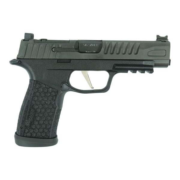 Black and gray handgun with textured grip and ridged slide, displaying a modern design suitable for firearms enthusiasts and collectors in casey, iowa.
