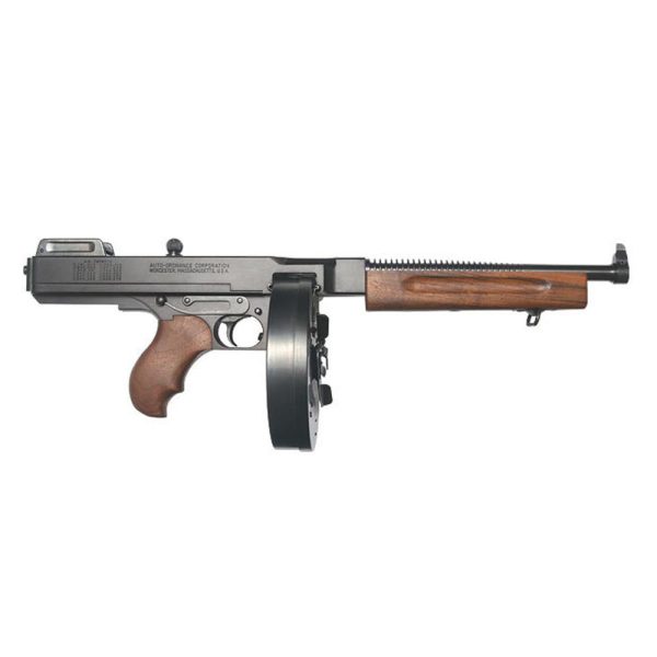 A black thompson submachine gun with a brown wooden grip and foregrip, featuring a round drum magazine.