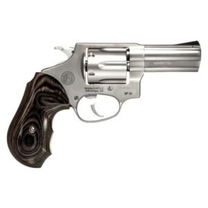 Silver revolver with a polished metal finish and dark wood grain handle, featuring the brand's logo and manufacturing details engraved on the side.