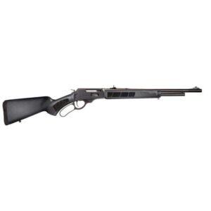 Black lever-action rifle with a matte finish and synthetic stock, featuring a long barrel and textured grip details.