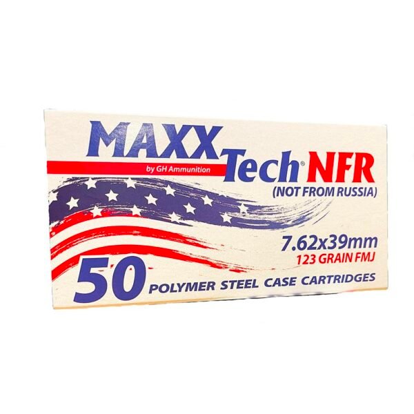 Box of maxx tech nfr 7. 62x39mm ammunition with red, white, and blue patriotic design, labeled "not from russia. "