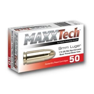 Box of maxxtech 9mm luger ammunition, silver and red packaging, containing 50 centerfire pistol cartridges, 115 gr fmj brass case.