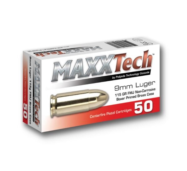 Box of maxxtech 9mm luger ammunition, silver and red packaging, containing 50 centerfire pistol cartridges, 115 gr fmj brass case.