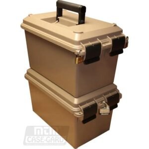 Tan mtm case-gard ammo storage boxes with black latches and handles, featuring padlocks, stacked together.