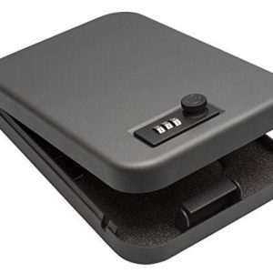 Gray metal gun safe with a combination lock, partially open to show foam interior padding.