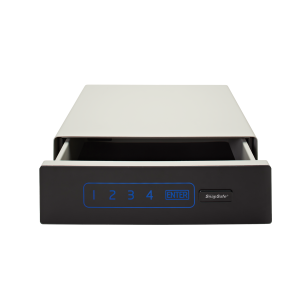 Open black and silver electronic gun safe with blue numeric keypad display.