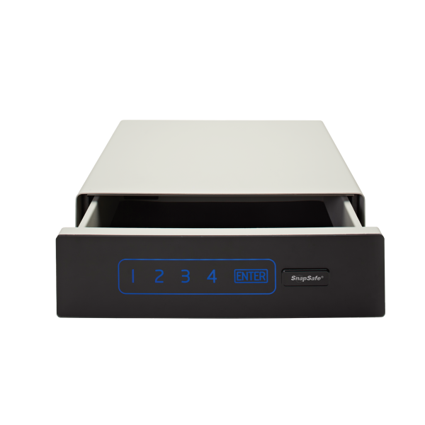 Open black and silver electronic gun safe with blue numeric keypad display.