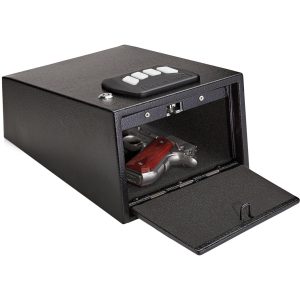 Black gun safe with digital keypad, containing a silver handgun with wood grip.