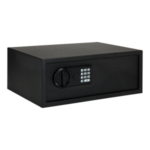 Black electronic safe with keypad and dial lock, suitable for secure firearm and ammo storage in Casey, Iowa.