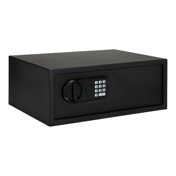 Black electronic safe with keypad and dial lock, suitable for secure firearm and ammo storage in casey, iowa.