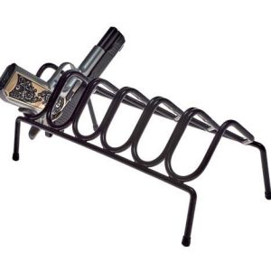 Black metal gun rack holding a detailed, engraved firearm with a silver and black design.