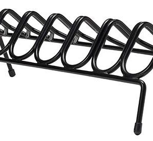 Black metal wire stand with curved loops, commonly used for organizing items such as firearms or rifles.