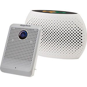 White moisture absorbers with vented designs, one rectangular with a circular indicator, and another curved, used for keeping firearms, guns, and ammo dry in storage bags.
