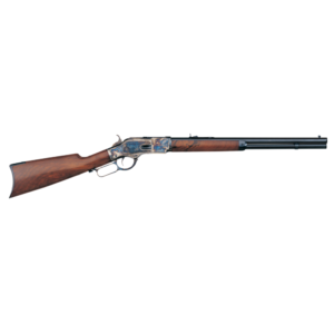 Antique-style lever-action rifle with a blued steel barrel, case-hardened receiver, and rich walnut stock and forearm.