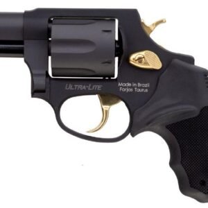 Black revolver with gold accents on the trigger, hammer, and cylinder release, labeled "ultra-lite" and "made in brazil forjas taurus. "