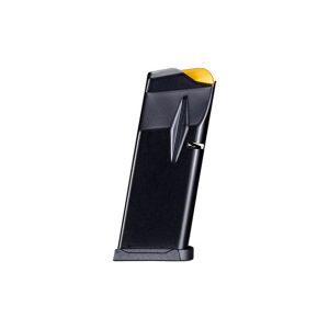 Black gun magazine with a yellow follower, designed for ammunition storage and use with firearms.