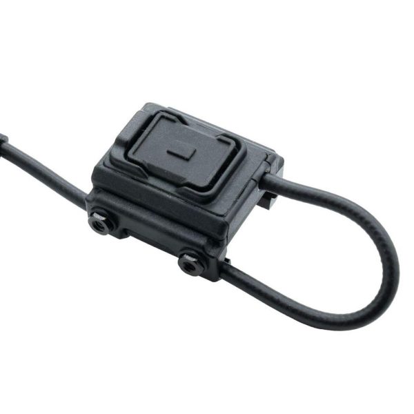 Black gun accessory with a looped cable attachment, featuring precise details in design.