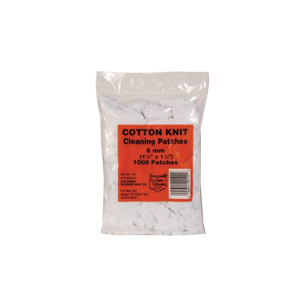 Clear plastic bag of white cotton knit cleaning patches with an orange label indicating "6 mm, 1000 patches" for firearms maintenance.