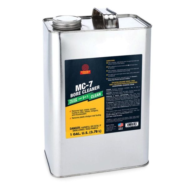 Silver 1-gallon can of mc-7 bore cleaner with a black and yellow label, featuring instructions and safety warnings.