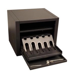 Black metal firearm storage box with open compartments and slots for guns and ammo, located in Casey, Iowa.