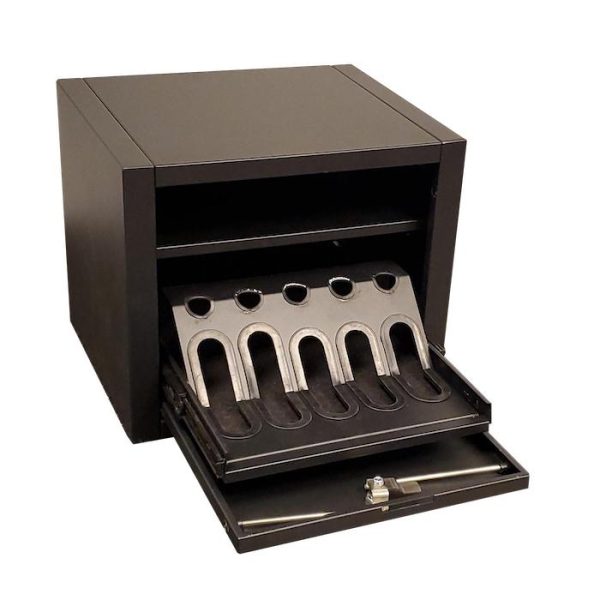 Black metal firearm storage box with open compartments and slots for guns and ammo, located in casey, iowa.