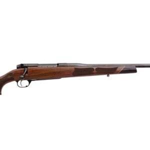 Wooden rifle with a polished brown stock and black barrel on a white background.