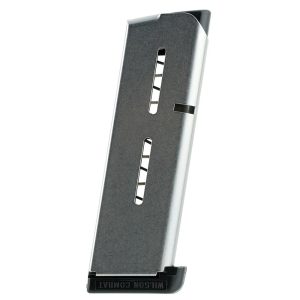 Silver gun magazine with black base plate, featuring vertical slots for ammo, branded wilson combat.
