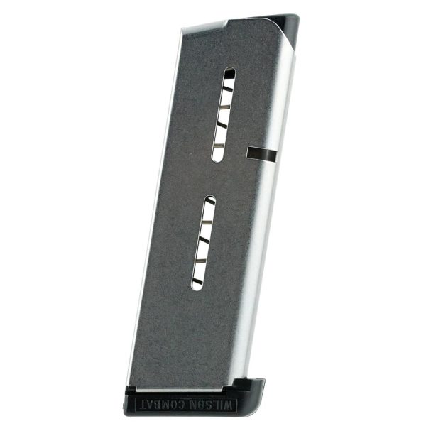 Silver gun magazine with black base plate, featuring vertical slots for ammo, branded wilson combat.