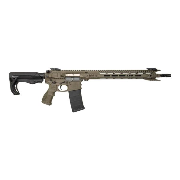 Olive green and black semi-automatic rifle with a tactical design, featuring a long barrel, adjustable stock, and a black magazine.