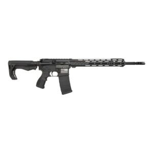 Black semi-automatic rifle with a long barrel and ergonomic grip, featuring a magazine and a tactical stock, displayed on a white background.