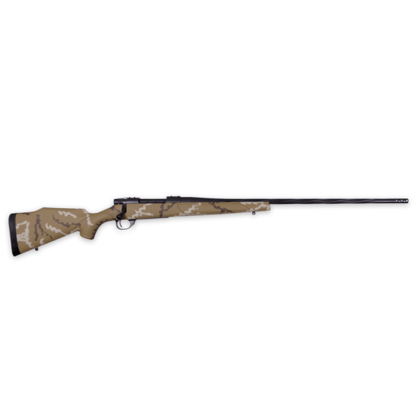 Camouflage hunting rifle with beige and gray pattern, featuring a matte black barrel, isolated on a white background.