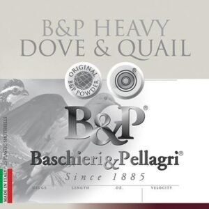 B&p heavy dove & quail ammo packaging, featuring a dove image, original b&p powder seal, and brand text with italian flag colors, emphasizing firearms and hunting supplies.