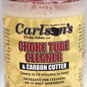 A bottle of Carlson's Choke Tube Cleaner and Carbon Cutter with a white cap and yellow label featuring red and black text advertising its cleaning capabilities for AR-15 bolt assemblies.